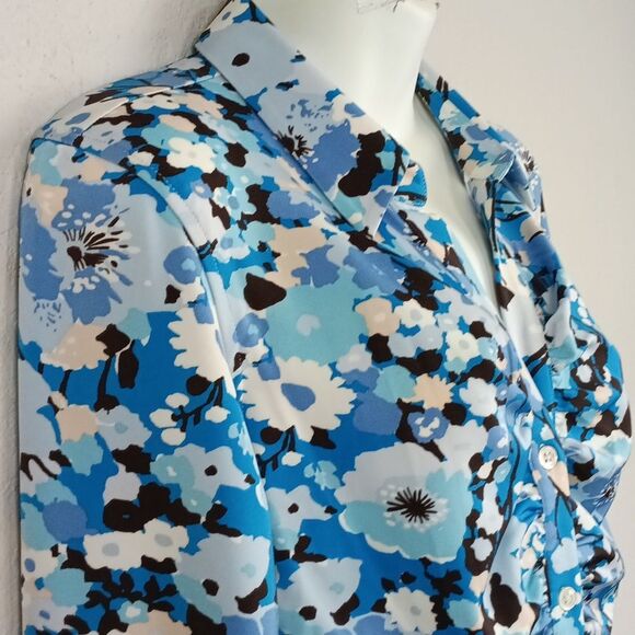 Rails Women Lisa Top Blue / White Long Sleeve Button Down Ruched Floral Top sz M - Picture 4 of 14